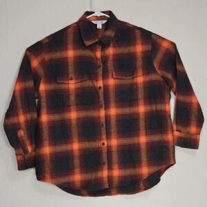 Old Navy Boyfriend Flannel Shirt Swiftie Orange Plaid Grunge Evermore Western L